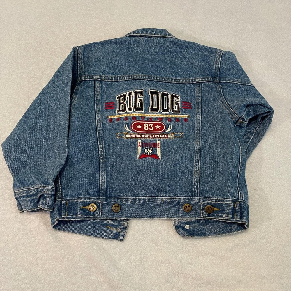 Vintage Big Dog Kids Denim Jacket Blue Embroidered Sportswear Size 4/5 90s